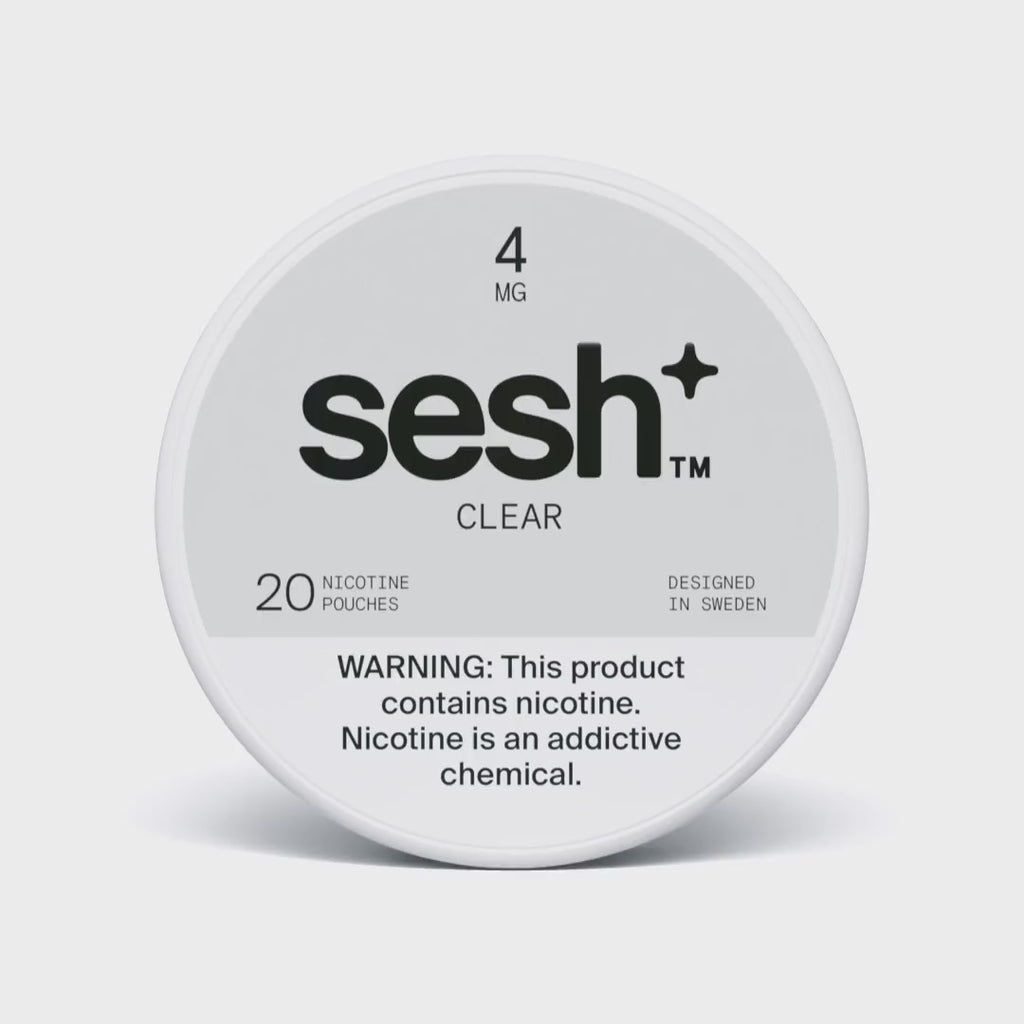 White circular tin of Sesh+ Clear 4mg nicotine pouches containing 20 pouches with a health warning.